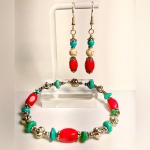 Beautifully handcrafted coral and turquoise bracelet and earrings set.